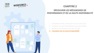 CHAPITRE 2
DÉCOUVRIR LES MÉCANISMES DE
PERFORMANCE ET DE LA HAUTE DISPONIBILITÉ
1. Compréhension des contrats de niveau de service SLA
2. Utilisation du réseau de distribution de contenu (CDN)
3. Équilibreur de charge du trafic basé sur DNS
4. Conception avec les zones de disponibilité
 