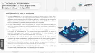 110
Copyright - Tout droit réservé - OFPPT
PARTIE
4
Conception avec les zones de disponibilité
02 - Découvrir les mécanismes de
performance et de la haute disponibilité
• Les zones de disponibilité sont des emplacements physiquement séparés au sein de chaque région
géographique d’un fournisseur Cloud et qui permettent une tolérance aux défaillances locales. Les
défaillances peuvent être aussi bien des défaillances logicielles et matérielles que des événements
de type tremblements de terre, inondations et incendies. La tolérance aux défaillances est obtenue
grâce à la redondance et à l’isolation logique des services par le fournisseur.
• Les zones de disponibilité en général sont connectées par un réseau haute performance offrant une
latence aller-retour très faible afin de permettre aux données d’être synchronisées et accessibles en
cas de problème.
• Chaque zone est composée d’un ou de plusieurs centres de données équipés d’une alimentation,
d’un système de refroidissement et d’une infrastructure réseau indépendants. Les zones de
disponibilité sont conçues de telle sorte que si une zone est affectée, les services, la capacité et la
haute disponibilité de la région sont pris en charge par les autres zones.
• Les localisations des centres de données sont sélectionnées à l’aide de critères rigoureux
d’évaluation des risques de vulnérabilité. Ce processus identifie tous les risques significatifs propres
au centre de données et prend en compte les risques partagés entre les zones de disponibilité.
• Avec les zones de disponibilité, vous pouvez concevoir et utiliser des applications et des bases de
données qui passent automatiquement d’une zone à l’autre sans interruption.
• Les zones de disponibilité sont hautement disponibles, tolérantes aux pannes et plus scalables que
les infrastructures traditionnelles ayant un ou plusieurs centres de données.
Figure : Conception avec les zones de disponibilité
Conception avec les zones de disponibilité
 