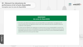 111
Copyright - Tout droit réservé - OFPPT
PARTIE
4
02 - Découvrir les mécanismes de
performance et de la haute disponibilité
Conception avec les zones de disponibilité
AVANTAGES
des zones de disponibilité
• Une latence plus faible lorsque plusieurs zones de disponibilité sont implémentées, il est logique que les
serveurs qui fournissent une application donnée soient situés relativement près des utilisateurs finaux qui
accéderont à cette application.
• Les clients peuvent déployer leurs applications et instances dans les zones de disponibilité et concevoir leur
environnement de sorte qu'en cas de défaillance d'une zone de disponibilité, les instances de l'autre zone de
disponibilité deviennent actives et continuent le travail des serveurs dans la zone de disponibilité défaillante,
jusqu’au moment où le service peut être rétabli.
 