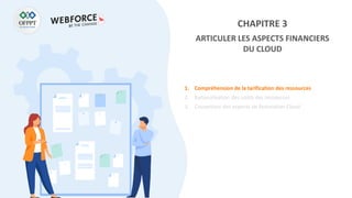 CHAPITRE 3
ARTICULER LES ASPECTS FINANCIERS
DU CLOUD
1. Compréhension de la tarification des ressources
2. Rationalisation des coûts des ressources
3. Couverture des aspects de facturation Cloud
 