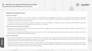 116
Copyright - Tout droit réservé - OFPPT
PARTIE
4
Modèles de tarification Azure
03 - Articuler les aspects financiers du Cloud
Compréhension de la tarification des ressources
Paiement à l’utilisation
• Les services Azure sont facturés à la seconde en fonction de l’utilisation réelle, sans engagement à long terme ni frais initiaux. Cela vous donne la possibilité
d’augmenter ou de diminuer les ressources selon vos besoins. Les machines virtuelles (VM) Azure peuvent être automatiquement redimensionnées à l’aide de la
fonctionnalité de mise à l’échelle automatique d’Azure.
• Ce modèle de tarification est principalement destiné aux utilisateurs qui aiment la flexibilité et souhaitent convertir les dépenses d’investissement en dépenses
d’exploitation, et les applications avec des charges de travail variables ou à court terme.
Instances de machine virtuelle réservées (RVMI)
• Les RVMI Azure sont des machines virtuelles précommandées qui nécessitent un engagement de 1 ou 3 ans dans certaines régions. Les RVMI vous offrent jusqu’à 72 %
de réduction sur les tarifs à l’utilisation.
• Azure peut choisir de remplacer une RVMI par une autre instance pendant la durée. Les utilisateurs peuvent également annuler les instances réservées avant la fin du
terme, mais cela entraînera des frais de résiliation anticipée.
Machines virtuelles Spot
• Azure vous permet d’acheter de la puissance de calcul inutilisée avec une remise allant jusqu’à 90 % par rapport au paiement à l’utilisation. Cependant, les instances
Spot peuvent être interrompues par des notifications soudaines et ne sont considérées comme adaptées qu’aux charges de travail qui peuvent tolérer les interruptions.
L’avis d’interruption de la machine virtuelle ponctuelle n’est que de 30 secondes.
• Azure fournit des groupes de mise à l’échelle de machines virtuelles (VMSS). Il s’agit d’un mécanisme d’autoscaling qui vous permet de gérer des groupes de machines
virtuelles et d’ajouter automatiquement des instances Spot en fonction de politiques prédéfinies. Contrairement à la flotte Spot d’Amazon, VMSS ne permet pas de
mélanger des machines virtuelles Spot et des machines virtuelles payantes.
 