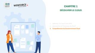 CHAPITRE 1
DÉCOUVRIR LE CLOUD
1. Définition du Cloud selon NIST
2. Découverte de l’historique du Cloud
3. Compréhension du fonctionnement Cloud
 