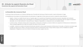 126
Copyright - Tout droit réservé - OFPPT
PARTIE
4
La facturation des ressources Cloud
03 - Articuler les aspects financiers du Cloud
Couverture des aspects de facturation Cloud
Le principe de base de facturation sur le Cloud est identique pour l’ensemble des fournisseurs Cloud du marché, à savoir la facturation à l’usage.
La compréhension des principes et du fonctionnement de la facturation à l’usage dans le Cloud, passe par la prise en compte de certains éléments :
• L’agilité : le Cloud a un modèle financier basé sur la gestion agile, et se caractérise par l’ajustement constant des ressources disponibles avec les besoins
véritables de chaque utilisateur. Avec la mutualisation et la virtualisation des infrastructures, le Cloud permet une facturation selon les usages et la puissance
demandée, vers un mode améliorant le ratio performance / dépense / disponibilité, en comparaison avec une installation dédiée.
• Le choix du Cloud : l’entreprise choisira entre le Cloud public, le Cloud privé, et l’hybride. Les besoins métiers et la capacité de l’infrastructure en motiveront le
choix, qui dépend également de la taille de la société, des métiers et de son activité.
• La rapidité : à présent, les métiers et les besoins fonctionnels stimulent la mise en place de plusieurs infrastructures SI nouvelles. Le Cloud est une réponse agile
et rapide aux enjeux de ces métiers, il n’est plus nécessaire de faire un investissement lourd, et long à mettre en place comme l’installation du système
d’exploitation, l’intégration au sein du SI, l’achat et la livraison du serveur, support, tests, etc…
 