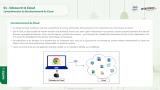 13
Copyright - Tout droit réservé - OFPPT
PARTIE
1
01 - Découvrir le Cloud
Compréhension du fonctionnement du Cloud
• En utilisant le Cloud, l’entreprise n’est plus le propriétaire du serveur informatique utilisé puisqu’il est mis à disposition par un fournisseur de service.
• Dan le Cloud, on peut accéder de manière évolutive à de nombreux services sans avoir à gérer l’infrastructure sous-jacente, souvent complexe (entretien de la base de
données, sauvegarde des données, mise à jour des logiciels, entretien des serveurs, …) qui nécessite des compétences informatique de plus en plus importantes au fur
et à mesure du développement des besoins informatiques de l’entreprise.
• Les applications et les données ne se trouvent plus sur l’ordinateur local, mais sur le Cloud qui est un ensemble de serveurs distants interconnectés au moyen de
liaisons internet de haute performance indispensable à la fluidité du système.
• L’accès au service se fait par une application standard installée sur un ordinateur, tablette, ou un téléphone.
Fonctionnement du Cloud
 
