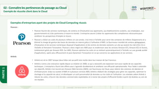 23
Copyright - Tout droit réservé - OFPPT
PARTIE
1
02- ConnaitrelespertinencesdepassageauCloud
Exemple de réussite client dans le Cloud
Pearson :
• Pearson fournit des services numériques, de contenu et d'évaluation aux apprenants, aux établissements scolaires, aux employeurs, aux
gouvernements et à des partenaires à travers le monde. L'entreprise œuvre à doter les apprenants des compétences nécessairespour
améliorer les perspectives d'emploi et réussir.
• Pearson a réduit ses coûts de plusieurs millions en une année, s'est mise à l'échelle pour servir des centaines de millions d'apprenants et a
éliminé la charge de gestion des bases de données en interne grâce à l'utilisation d'AWS. Le fournisseur mondial de contenu pédagogique,
d'évaluation et de services numériques disposait d'applications et de centres de données existants sur site qui avaient du mal à être mis à
l'échelle et freinaient l'innovation. Pearson a donc migré vers AWS pour se moderniser avec les services Amazon ECS, Amazon EC2 et Aurora,
entièrement gérés par Amazon RDS. Sur AWS, Pearson optimise les coûts en se mettant automatiquement à l'échelle sur une grande variété
d'applications, opère plus efficacement et peut dynamiser l'innovation en ce qui concerne ses applications et ses services.
Airbnb:
• Airbnb est né en 2007 lorsque deux hôtes ont accueilli trois invités dans leur maison de San Francisco.
• Airbnb a connu une croissance rapide depuis sa création en 2008, ce qui a nécessité une expansion tout aussi rapide de ses capacités
techniques. L'entreprise a fourni des efforts pour s'agrandir durablement et améliorer son efficacité opérationnelle. Pour l'aider à atteindre
ses objectifs, Airbnb s'est tourné vers Amazon Web Services (AWS), son fournisseur de Cloud, pour obtenir des solutions de données et
d'infrastructure. Grâce au soutien d'AWS et à plusieurs services AWS, Airbnb a élaboré des stratégies pour gérer ses capacités, optimiser le
stockage et la capacité de calcul, et développer un outil personnalisé de données sur les coûts et l'utilisation. Les solutions aident Airbnb à
réduire les coûts, à fournir des données commerciales exploitables et à mener des projets d'efficacité fondés à partir de données au sein de
ses équipes.
Exemples d’entreprises ayant des projets de Cloud Computing réussis
 