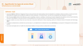 27
Copyright - Tout droit réservé - OFPPT
PARTIE
2
Définition : XaaS
01 - Appréhender les types de service Cloud
Infrastructure as a service (IaaS)
• L’acronyme XaaS fait référence à l’expression Tout en tant que Service dans lequel quelque chose est présenté à un utilisateur, interne ou externe, en tant que service.
Cette expression désigne aussi les différents modèles du Cloud computing « en tant que service » qui sont mis à la disposition des utilisateurs sur Internet.
• Dans l’acronyme XaaS, la lettre X fait référence au mot « everything » (tout) ou « anything ». Ce terme est né suite à l’apparition de nombreux services Cloud computing
tels que les SaaS (logiciels en tant que service), les PaaS (plateformes en tant que service) ou les IaaS (infrastructures en tant que service).
• Ces trois modèles de services Cloud sont ceux listés dans le document définissant le Cloud computing, publié par le National Institute of Standards and Technology
(NIST).
• A l’opposer du déploiement et utilisation des services XaaS, il y a le déploiement et utilisation des services On-Premise qui correspond à l’hebergement interne desdits
services.
• Les services sont payés selon un modèle de consommation flexible, et non pas comme un achat initial ou une licence.
 