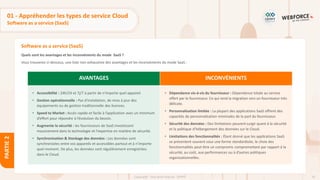 35
Copyright - Tout droit réservé - OFPPT
PARTIE
2
Software as a service (SaaS)
01 - Appréhender les types de service Cloud
Software as a service (SaaS)
Quels sont les avantages et les inconvénients du mode SaaS ?
Vous trouverez ci-dessous, une liste non exhaustive des avantages et les inconvénients du mode SaaS :
AVANTAGES INCONVÉNIENTS
• Accessibilité : 24h/24 et 7j/7 à partir de n'importe quel appareil.
• Gestion opérationnelle : Pas d'installation, de mise à jour des
équipements ou de gestion traditionnelle des licences.
• Speed to Market : Accès rapide et facile à l’application avec un minimum
d’effort pour répondre à l’évolution du besoin.
• Augmente la sécurité : les fournisseurs de SaaS investissent
massivement dans la technologie et l'expertise en matière de sécurité.
• Synchronisation & Stockage des données : Les données sont
synchronisées entre vos appareils et accessibles partout et à n’importe
quel moment. De plus, les données sont régulièrement enregistrées
dans le Cloud.
• Dépendance vis-à-vis du fournisseur : Dépendance totale au service
offert par le fournisseur. Ce qui rend la migration vers un fournisseur très
délicate.
• Personnalisation limitée : La plupart des applications SaaS offrent des
capacités de personnalisation minimales de la part du fournisseur.
• Sécurité des données : Des limitations peuvent surgir quant à la sécurité
et la politique d’hébergement des données sur le Cloud.
• Limitations des fonctionnalités : Étant donné que les applications SaaS
se présentent souvent sous une forme standardisée, le choix des
fonctionnalités peut être un compromis compromettant par rapport à la
sécurité, au coût, aux performances ou à d’autres politiques
organisationnelles.
 