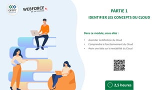 Dans ce module, vous allez :
PARTIE 1
IDENTIFIER LES CONCEPTS DU CLOUD
• Assimiler la définition du Cloud
• Comprendre le fonctionnement du Cloud
• Avoir une idée sur la rentabilité du Cloud
2,5 heures
 