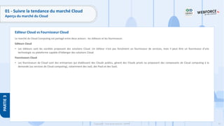 57
Copyright - Tout droit réservé - OFPPT
PARTIE
3
Editeur Cloud vs Fournisseur Cloud
01 - Suivre la tendance du marché Cloud
Aperçu du marché du Cloud
Le marché du Cloud Computing est partagé entre deux acteurs : les éditeurs et les fournisseurs
Editeurs Cloud
• Les éditeurs sont les sociétés proposant des solutions Cloud. Un éditeur n'est pas forcément un fournisseur de services, mais il peut être un fournisseur d’une
technologie ou plateforme capable d'héberger des solutions Cloud.
Fournisseurs Cloud
• Les fournisseurs de Cloud sont des entreprises qui établissent des Clouds publics, gèrent des Clouds privés ou proposent des composants de Cloud computing à la
demande (ou services de Cloud computing), notamment des IaaS, des PaaS et des SaaS.
 