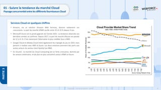 67
Copyright - Tout droit réservé - OFPPT
PARTIE
3
01 - Suivre la tendance du marché Cloud
Paysageconcurrentielentre les différentsfournisseursCloud
• Amazon, via sa solution Amazon Web Services, domine nettement ses
concurrents. La part de marché d’AWS oscille entre 32 et 33 % depuis 4 ans.
• Microsoft Azure est le grand gagnant de l’année 2021. La tendance observée ces
dernières années se confirme. Depuis 2017, la part de marché d’Azure est passée
de 12 à 21 %. C’est clairement l’alternative la plus crédible face à AWS.
• Google Cloud et Alibaba Cloud tirent également leur épingle du jeu en 2021 mais
peinent à rivaliser avec AWS et Azure. Les deux solutions prennent des parts aux
autres acteurs du secteur dont Kyndryl (ex-IBM).
• En résumé : le marché du Cloud Computing est en forte croissance, dominé par
les acteurs américains, et de plus en plus concentré autour d’AWS et Azure.
Services Cloud en quelques chiffres
 