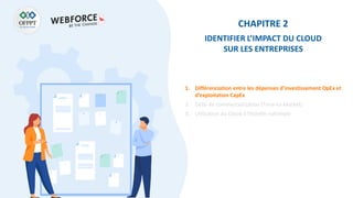 CHAPITRE 2
IDENTIFIER L’IMPACT DU CLOUD
SUR LES ENTREPRISES
1. Différenciation entre les dépenses d’investissement OpEx et
d’exploitation CapEx
2. Délai de commercialisation (Time-to-Market)
3. Utilisation du Cloud à l’échelle nationale
 