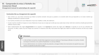 84
Copyright - Tout droit réservé - OFPPT
PARTIE
4
Contrainte liée au changement de capacité
01 - Comprendre la mise à l’échelle des
ressources Cloud
Changement manuel et automatique de capacité
• Dans certains cas, vous devez commencer par libérer la machine virtuelle. Cela peut se produire si la nouvelle taille n’est pas disponible sur le cluster matériel qui
héberge actuellement la machine virtuelle.
• Si la machine virtuelle est en cours d’exécution et que vous modifiez sa taille, elle redémarre.
• Si votre machine virtuelle est toujours en cours d’exécution et que vous ne voyez pas la taille que vous voulez dans la liste, l’arrêt de la machine virtuelle peut permettre
d’afficher d’autres tailles.
• Après implémentation des règles d’augmentation de la capacité, il est important de prévoir des règles pour diminuer la capacité en cas de sous utilisation des
ressources. En effet, si après un pic de charge nous sommes à 5 instances d’une VM, il faut prévoir des règles pour réduire le nombre d’instances une fois le pic charge
passé.
Remarques
• Le fait de libérer la machine virtuelle libère également toutes les adresses IP dynamiques affectées à la machine virtuelle.
Les disques de données et du système d’exploitation ne sont pas affectés.
• Si vous redimensionnez une machine virtuelle de production, envisagez d’utiliser des réservations de capacité Azure pour
réserver la capacité de calcul dans la région.
 