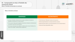 88
Copyright - Tout droit réservé - OFPPT
PARTIE
4
Mise à l’échelle verticale
01 - Comprendre la mise à l’échelle des
ressources Cloud
Mise à l’échelle horizontale et verticale
AVANTAGES INCONVÉNIENTS
• La mise à l'échelle verticale est très simple et directe car toutes les
données se trouvent sur un seul serveur ;
• Il n'y a aucun risque pour la gestion de plusieurs instances simultanément
ou d’accès concurrent aux données ;
• Il n'est pas nécessaire de modifier le code lors de la mise à l'échelle. Pas
besoin de changer l'implémentation également.
• Coût élevé pour l’allocation de plus de ressources ;
• Nécessite généralement un temps d’arrêt des services ;
• Risque de panne élevé, car le tout fonctionne sur une seule instance ;
• Niveau de haute disponibilité réduit.
 
