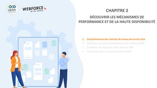CHAPITRE 2
DÉCOUVRIR LES MÉCANISMES DE
PERFORMANCE ET DE LA HAUTE DISPONIBILITÉ
1. Compréhension des contrats de niveau de service SLA
2. Utilisation du réseau de distribution de contenu (CDN)
3. Équilibreur de charge du trafic basé sur DNS
4. Conception avec les zones de disponibilité
 