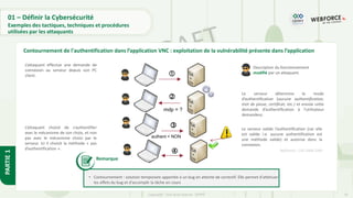 16
Copyright - Tout droit réservé - OFPPT
PARTIE
1
01 – Définir la Cybersécurité
Exemples des tactiques, techniques et procédures
utilisées par les attaquants
Contournement de l'authentification dans l’application VNC : exploitation de la vulnérabilité présente dans l’application
Le serveur détermine le mode
d’authentification (aucune authentification,
mot de passe, certificat, etc.) et envoie cette
demande d’authentification à l’utilisateur
demandeur.




mdp = ?
authent = NON
L’attaquant effectue une demande de
connexion au serveur depuis son PC
client.
L’attaquant choisit de s’authentifier
avec le mécanisme de son choix, et non
pas avec le mécanisme choisi par le
serveur. Ici il choisit la méthode « pas
d’authentification ».
Description du fonctionnement
modifié par un attaquant.
Le serveur valide l’authentification (car elle
est valide i.e. aucune authentification est
une méthode valide) et autorise donc la
connexion.
Référence : CVE-2006-2369
Remarque
• Contournement : solution temporaire apportée à un bug en attente de correctif. Elle permet d'atténuer
les effets du bug et d'accomplir la tâche en cours
 