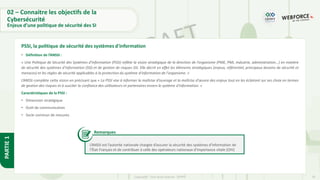 26
Copyright - Tout droit réservé - OFPPT
PARTIE
1
02 – Connaitre les objectifs de la
Cybersécurité
Enjeux d’une politique de sécurité des SI
• Définition de l’ANSSI :
« Une Politique de Sécurité des Systèmes d’Information (PSSI) reflète la vision stratégique de la direction de l’organisme (PME, PMI, industrie, administration...) en matière
de sécurité des systèmes d'information (SSI) et de gestion de risques SSI. Elle décrit en effet les éléments stratégiques (enjeux, référentiel, principaux besoins de sécurité et
menaces) et les règles de sécurité applicables à la protection du système d'information de l'organisme. »
L’ANSSI complète cette vision en précisant que « La PSSI vise à informer la maîtrise d’ouvrage et la maîtrise d'œuvre des enjeux tout en les éclairant sur ses choix en termes
de gestion des risques et à susciter la confiance des utilisateurs et partenaires envers le système d'information. »
Caractéristiques de la PSSI :
• Dimension stratégique
• Outil de communication
• Socle commun de mesures
PSSI, la politique de sécurité des systèmes d'information
Remarques
L’ANSSI est l’autorité nationale chargée d’assurer la sécurité des systèmes d’information de
l’État Français et de contribuer à celle des opérateurs nationaux d’importance vitale (OIV)
 
