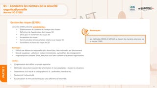 34
Copyright - Tout droit réservé - OFPPT
PARTIE
2
Gestion des risques (27005)
01 – Connaitre les normes de la sécurité
organisationnelle
Norme ISO 27005
La norme 27005 présente une démarche :
• Établissement du contexte de l’analyse des risques
• Définition de l’appréciation des risques SSI
• Choix pour le traitement du risque SSI
• Acceptation du risque
• Communication et concertation relative aux risques SSI
• Surveillance et revue du risque en SSI
Avantages :
• Définit une démarche rationnelle qui a donné lieu à des méthodes qui fonctionnent
• Grande souplesse : utilisée en toutes circonstances, surtout lors des changements
• Pragmatique et utilisable seule, elle peut aussi bien convenir aux petites organisations
Limites :
• L'organisation doit définir sa propre approche
• Méthodes nécessitant souvent de la formation et non adaptables à toutes les situations
• Dépendance vis-à-vis de la cartographie du SI : profondeur, étendue etc.
• Tendance à l'exhaustivité
• Accumulation de mesures techniques sans cohérence d'ensemble.
Remarques
• les méthodes EBIOS et MEHARI se basent de manière extensive sur
la norme 27005
 