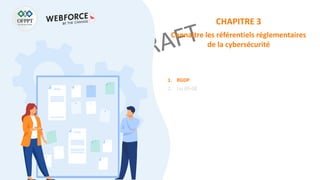 CHAPITRE 3
Connaitre les référentiels réglementaires
de la cybersécurité
1. RGDP
2. Loi 09-08
 