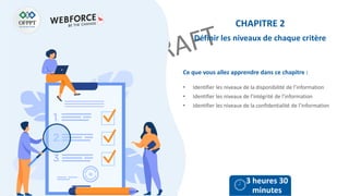 Ce que vous allez apprendre dans ce chapitre :
• Identifier les niveaux de la disponibilité de l’information
• Identifier les niveaux de l’intégrité de l’information
• Identifier les niveaux de la confidentialité de l’information
3 heures 30
minutes
CHAPITRE 2
Définir les niveaux de chaque critère
 