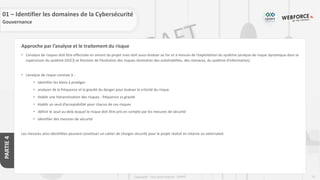 75
Copyright - Tout droit réservé - OFPPT
PARTIE
4
Approche par l’analyse et le traitement du risque
• L’analyse de risques doit être effectuée en amont du projet mais doit aussi évoluer au fur et à mesure de l’exploitation du système (analyse de risque dynamique dans la
supervision du système (SOC)) et fonction de l’évolution des risques (évolution des vulnérabilités, des menaces, du système d'information).
• L’analyse de risque consiste à :
• identifier les biens à protéger
• analyser de la fréquence et la gravité du danger pour évaluer la criticité du risque
• établir une hiérarchisation des risques : fréquence vs gravité
• établir un seuil d’acceptabilité pour chacun de ces risques
• définir le seuil au-delà duquel le risque doit être pris en compte par les mesures de sécurité
• identifier des mesures de sécurité
Les mesures ainsi identifiées peuvent constituer un cahier de charges sécurité pour le projet réalisé en interne ou externalisé.
01 – Identifier les domaines de la Cybersécurité
Gouvernance
 