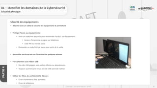 82
Copyright - Tout droit réservé - OFPPT
PARTIE
4
Sécurité des équipements
• Attacher avec un câble de sécurité les équipements le permettant
• Protéger l’accès aux équipements :
• Avoir un code/mot de passe pour restreindre l’accès à son équipement :
• lecteur d’empreinte ou signe sur téléphone
• code PIN ou mot de passe
• Demander un code/mot de passe pour sortir de la veille
• Verrouiller son écran en cas d’inactivité de quelques minutes
• Faire attention aux médias USB :
• Des clés USB piégées sont parfois offertes ou abandonnées
• Toujours scanner (anti-virus) une clé USB avant de l’utiliser
• Utiliser les filtres de confidentialité d’écran :
• Écran d’ordinateur (fixe, portable)
• Écran de téléphone
01 – Identifier les domaines de la Cybersécurité
Sécurité physique
 