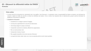 91
Copyright - Tout droit réservé - OFPPT
PARTIE
4
Fiche métier
02 – Découvrir le référentiel métier de l’ANSSI
Pentester
• Le terme vient de la contraction de « penetration test » qui signifie « test d’intrusion ». Le pentester a donc la responsabilité de réaliser un pentest, une technique qui
consiste à repérer les failles de sécurité en imitant les méthodes des hackers. C’est un métier très important dans la Cybersécurité, puisqu’il permet d’anticiper les
problèmes et de prioriser les décisions
• Compétences nécessaires :
• Compétences en codage en plusieurs langages
• Connaissance approfondie de la sécurité de l'information
• Informatique légale et analyse numérique
• Comprendre comment les violations affectent les organisations
• Être un communicateur clair
• Comprendre le facteur humain
• Être capable de planifier et de créer des tests d'intrusion
• La capacité de tester, tester, tester car ce sera une grande partie de votre travail quotidien
 