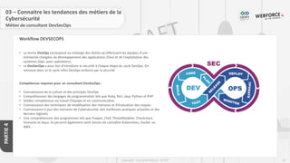 95
Copyright - Tout droit réservé - OFPPT
PARTIE
4
Workflow DEVSECOPS
03 – Connaitre les tendances des métiers de la
Cybersécurité
Métier de consultant DevSecOps
• Le terme DevOps correspond au mélange des tâches qu'effectuent les équipes d'une
entreprise chargées du développement des applications (Dev) et de l'exploitation des
systèmes (Ops, pour opérations).
• Le DevSecOps a pour but d’introduire la sécurité à chaque étape du cycle DevOps. On
retrouve donc ici le cycle infini DevOps renforcé par la sécurité
Compétences requises pour un consultant DevSecOps :
• Connaissance de la culture et des principes DevOps
• Compréhension des langages de programmation tels que Ruby, Perl, Java, Python et PHP
• Solides compétences en travail d'équipe et en communication
• Connaissance des techniques de modélisation des menaces et d'évaluation des risques
• Connaissance à jour des menaces de Cybersécurité, des meilleures pratiques actuelles et des
derniers logiciels.
• Une compréhension des programmes tels que Puppet, Chef, ThreatModeler, Checkmarx,
Immunio et Aqua. Ils peuvent également avoir besoin de connaître Kubernetes, Docker ou
AWS.
 