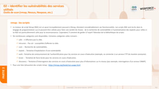 105
Copyright - Tout droit réservé - OFPPT
PARTIE
2
nmap : les scripts
• Le moteur de script Nmap (NSE) est un ajout incroyablement puissant à Nmap, étendant considérablement ses fonctionnalités. Les scripts NSE sont écrits dans le
langage de programmation Lua et peuvent être utilisés pour faire une variété de choses : de la recherche de vulnérabilités à l'automatisation des exploits pour celles-ci.
Le NSE est particulièrement utile pour la reconnaissance. Cependant, il convient de garder à l'esprit l'étendue de la bibliothèque de scripts.
• De nombreuses catégories sont disponibles. Certaines catégories utiles incluent :
✓ safe :- n'affectera pas la cible.
✓ intrusive :- Pas sûr : susceptible d'affecter la cible.
✓ vuln : - Recherche de vulnérabilités.
✓ exploit :- Tentative d'exploitation d'une vulnérabilité.
✓ auth:- Tentative de contournement de l'authentification pour les services en cours d'exécution (exemple, se connecter à un serveur FTP de manière anonyme).
✓ brute : - Tentative de force brute pour les services en cours d'exécution.
✓ discovery :- Tentative d'interrogation des services en cours d'exécution pour plus d'informations sur le réseau (par exemple, interrogation d'un serveur SNMP).
• Pour une liste exhaustive des scripts nmap : https://nmap.org/book/nse-usage.html
02 – Identifier les vulnérabilités des services
utilisés
Outils de scan (nmap, Nessus, Nexpose, etc.)
 