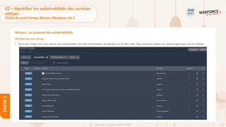 112
Copyright - Tout droit réservé - OFPPT
PARTIE
2
Nessus : un scanner de vulnérabilités
Résultats du scan réseau :
• Parce qu’il s’agit d’un scan réseau, les vulnérabilités sont des informations récupérées sur le hôte cible. Nous pouvons cliquer sur chaque ligne pour voir les détails :
02 – Identifier les vulnérabilités des services
utilisés
Outils de scan (nmap, Nessus, Nexpose, etc.)
 