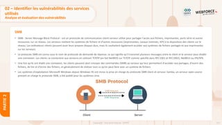 127
Copyright - Tout droit réservé - OFPPT
PARTIE
2
SMB
• SMB - Server Message Block Protocol - est un protocole de communication client-serveur utilisé pour partager l'accès aux fichiers, imprimantes, ports série et autres
ressources sur un réseau. Les serveurs mettent les systèmes de fichiers et d'autres ressources (imprimantes, canaux nommés, API) à la disposition des clients sur le
réseau. Les ordinateurs clients peuvent avoir leurs propres disques durs, mais ils souhaitent également accéder aux systèmes de fichiers partagés et aux imprimantes
sur les serveurs.
• Le protocole SMB est connu sous le nom de protocole de demande de réponse, ce qui signifie qu'il transmet plusieurs messages entre le client et le serveur pour établir
une connexion. Les clients se connectent aux serveurs en utilisant TCP/IP (en fait NetBIOS sur TCP/IP comme spécifié dans RFC1001 et RFC1002), NetBEUI ou IPX/SPX.
• Une fois qu'ils ont établi une connexion, les clients peuvent alors envoyer des commandes (SMB) au serveur qui leur permettent d'accéder aux partages, d'ouvrir des
fichiers, de lire et d'écrire des fichiers, et généralement de réaliser tout ce qu’on peut faire avec un système de fichiers.
• Les systèmes d'exploitation Microsoft Windows depuis Windows 95 ont inclus la prise en charge du protocole SMB client et serveur. Samba, un serveur open source
prenant en charge le protocole SMB, a été publié pour les systèmes Unix.
02 – Identifier les vulnérabilités des services
utilisés
Analyse et évaluation des vulnérabilités
 