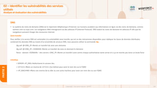 138
Copyright - Tout droit réservé - OFPPT
PARTIE
2
DNS
• Le système de noms de domaine (DNS) est le répertoire téléphonique d'Internet. Les humains accèdent aux informations en ligne via des noms de domaine, comme
nytimes.com ou espn.com. Les navigateurs Web interagissent via des adresses IP (Internet Protocol). DNS traduit les noms de domaine en adresses IP afin que les
navigateurs puissent charger des ressources Internet.
Zone transfer
Pour vérifier si le service DNS est vulnérable à la vulnérabilité zone transfer, qui est un des mécanismes disponibles pour répliquer les bases de données distribuées
contenant les données DNS au travers d'un ensemble de serveurs DNS, nous pouvons utiliser la commande dig :
dig axfr @<DNS_IP> #tente un transfert de zone sans domaine
dig axfr @<DNS_IP> <DOMAIN> #tente un transfert de zone en devinant le domaine
fierce --domain <DOMAIN> --dns-servers <DNS_IP> #tente un transfert zone contre chaque authoritative name server et si ça ne marche pas lance un brute force
nslookup
> SERVER <IP_DNS> #sélectionne le serveur dns
> 127.0.0.1 #faire un reverse de 127.0.0.1 (lui-même) pour avoir le nom dns ou le FQND
> <IP_MACHINE> #faire une reverse de la cible ou une autre machine pour avoir son nom dns ou son FQND
02 – Identifier les vulnérabilités des services
utilisés
Analyse et évaluation des vulnérabilités
 