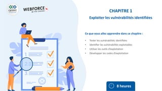 Ce que vous allez apprendre dans ce chapitre :
• Tester les vulnérabilités identifiées
• Identifier les vulnérabilités exploitables
• Utiliser les outils d’exploitation
• Développer les codes d’exploitation
8 heures
CHAPITRE 1
Exploiter les vulnérabilités identifiées
 