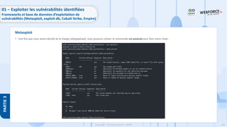 148
Copyright - Tout droit réservé - OFPPT
PARTIE
3
• Une fois que nous avons décidé de la charge utile(payload), nous pouvons utiliser la commande set payload pour faire notre choix :
Metasploit
01 – Exploiter les vulnérabilités identifiées
Frameworks et base de données d’exploitation de
vulnérabilités (Metasploit, exploit-db, Cobalt Strike, Empire)
 