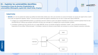 154
Copyright - Tout droit réservé - OFPPT
PARTIE
3
• BEACON est le nom du payload de malware par défaut de Cobalt Strike utilisée pour créer une connexion au serveur de l'équipe. Les sessions de rappel actives à partir
d'une cible sont également appelées "balises". (C'est de là que la famille des logiciels malveillants tire son nom.) Il existe deux types de BEACON :
✓ Le Stager est un payload BEACON facultative. Les opérateurs peuvent "mettre en scène" leur logiciel malveillant en envoyant un premier payload initial de code
shell BEACON qui n'effectue que quelques vérifications de base, puis interroge le C2 configuré pour la porte dérobée complète.
✓ Le backdoor complet peut être exécuté soit via un stager BEACON, soit par une famille de logiciels malveillants "loader", soit en exécutant directement
l'exportation DLL par défaut "ReflectiveLoader". Ce backdoor s'exécute en mémoire et peut établir une connexion au serveur d'équipe via plusieurs méthodes.
Cobalt Strike
01 – Exploiter les vulnérabilités identifiées
Frameworks et base de données d’exploitation de
vulnérabilités (Metasploit, exploit-db, Cobalt Strike, Empire)
 