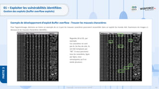 180
Copyright - Tout droit réservé - OFPPT
PARTIE
3
01 – Exploiter les vulnérabilités identifiées
Gestion des exploits (buffer overflow exploits)
Pour l’apprentissage, donnons au moins un exemple de ce à quoi les mauvais caractères pourraient ressembler dans un exploit du monde réel. Examinons les images ci-
dessous et les mauvais charactères identifiés :
Exemple de développement d’exploit Buffer overflow : Trouver les mauvais charactères
Regardez 04 et 05, par
exemple.
Les caractères ne sont
pas là. Au lieu de cela, ils
ont été remplacés par
"B0". Si vous parcourez
tous les caractères, ligne
par ligne, vous
remarquerez qu'il en
existe plusieurs :
 