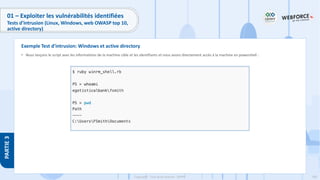 200
Copyright - Tout droit réservé - OFPPT
PARTIE
3
01 – Exploiter les vulnérabilités identifiées
Tests d’intrusion (Linux, Windows, web OWASP top 10,
active directory)
• Nous lançons le script avec les informations de la machine cible et les identifiants et nous avons directement accès à la machine en powershell :
Exemple Test d’intrusion: Windows et active directory
 