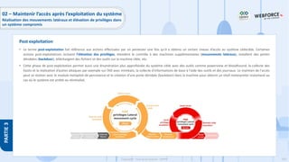 203
Copyright - Tout droit réservé - OFPPT
PARTIE
3
02 – Maintenir l’accès après l’exploitation du système
Réalisation des mouvements latéraux et élévation de privilèges dans
un système compromis
• Le terme post-exploitation fait référence aux actions effectuées par un pentester une fois qu'il a obtenu un certain niveau d’accès au système ciblecible. Certaines
actions post-exploitations incluent l'élévation des privilèges, étendent le contrôle à des machines supplémentaires (mouvements latéraux), installent des portes
dérobées (backdoor), téléchargent des fichiers et des outils sur la machine cible, etc.
• Cette phase de post-exploitation permet aussi une énumération plus approfondie du système cible avec des outils comme powerview et bloodhound, la collecte des
hashs et la réalisation d’autres attaques par exemple sur l’AD avec mimikatz, la collecte d'informations de base à l'aide des outils et des journaux. Le maintien de l'accès
peut se réaliser avec le module metaploit de persistance et la création d'une porte dérobée (backdoor) dans la machine pour obtenir un shell meterpreter instantané au
cas où le système est arrêté ou réinitialisé.
Post exploitation
 