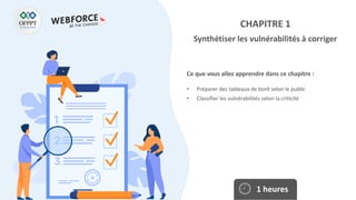 Ce que vous allez apprendre dans ce chapitre :
• Préparer des tableaux de bord selon le public
• Classifier les vulnérabilités selon la criticité
1 heures
CHAPITRE 1
Synthétiser les vulnérabilités à corriger
 