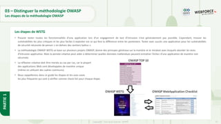 27
Copyright - Tout droit réservé - OFPPT
PARTIE
1
03 – Distinguer la méthodologie OWASP
Les étapes de la méthodologie OWASP
• Pouvoir tester toutes les fonctionnalités d’une application lors d’un engagement de test d’intrusion n’est généralement pas possible. Cependant, trouver les
vulnérabilités les plus critiques et les plus faciles à exploiter est ce qui fera la différence entre les pentesters. Tester avec succès une application pour les vulnérabilités
de sécurité nécessite de penser « en dehors des sentiers battus ».
• La méthodologie OWASP WSTG se base sur plusieurs projets OWASP, donne des principes généraux sur la manière et le mindset avec lesquels aborder les tests
d’intrusion applicative. Mais la pensée créative peut aider à déterminer quelles données inattendues peuvent entraîner l'échec d'une application de manière non
sécurisée.
• La réflexion créative doit être menée au cas par cas, car la plupart
des applications Web sont développées de manière unique
(même en utilisant des cadres communs).
• Nous rappellerons dans ce guide les étapes et les uses cases
les plus fréquents qui sont à vérifier comme check-list pour chaque étape.
Les étapes de WSTG
 