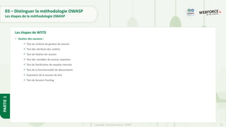 32
Copyright - Tout droit réservé - OFPPT
PARTIE
1
03 – Distinguer la méthodologie OWASP
Les étapes de la méthodologie OWASP
• Gestion des sessions :
✓ Test du schéma de gestion de session
✓ Test des attributs des cookies
✓ Test de fixation de session
✓ Test des variables de session exposées
✓ Test de falsification de requête intersite
✓ Test de la fonctionnalité de déconnexion
✓ Expiration de la session de test
✓ Test de Session Puzzling
Les étapes de WSTG
 