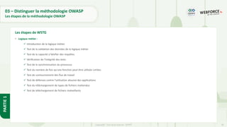 36
Copyright - Tout droit réservé - OFPPT
PARTIE
1
03 – Distinguer la méthodologie OWASP
Les étapes de la méthodologie OWASP
• Logique métier :
✓ Introduction de la logique métier
✓ Test de la validation des données de la logique métier
✓ Test de la capacité à falsifier des requêtes
✓ Vérification de l'intégrité des tests
✓ Test de la synchronisation du processus
✓ Test du nombre de fois qu'une fonction peut être utilisée Limites
✓ Test de contournement des flux de travail
✓ Test de défenses contre l'utilisation abusive des applications
✓ Test du téléchargement de types de fichiers inattendus
✓ Test de téléchargement de fichiers malveillants
Les étapes de WSTG
 