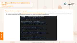 44
Copyright - Tout droit réservé - OFPPT
PARTIE
2
Exemple d’utilisation d’opérateurs google
• La syntaxe suivante d’opérateurs google [intitle:internet inurl:intranet +intext:”human ressources”] permet de trouver des informations sensibles sur une entreprise et
ses employés. Les pentesters peuvent utiliser ces informations pour lancer une campagne d’ingénierie sociale.
01 – Collecter les informations de manière
passive
Moteurs de recherche
 