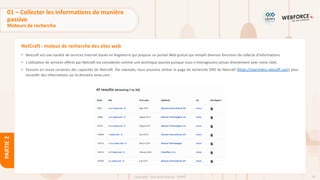 50
Copyright - Tout droit réservé - OFPPT
PARTIE
2
NetCraft : moteur de recherche des sites web
• Netcraft est une société de services Internet basée en Angleterre qui propose un portail Web gratuit qui remplit diverses fonctions de collecte d'informations.
• L'utilisation de services offerts par Netcraft est considérée comme une technique passive puisque nous n'interagissons jamais directement avec notre cible.
• Passons en revue certaines des capacités de Netcraft. Par exemple, nous pouvons utiliser la page de recherche DNS de Netcraft (https://searchdns.netcraft.com) pour
recueillir des informations sur le domaine tesla.com :
01 – Collecter les informations de manière
passive
Moteurs de recherche
 