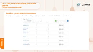 88
Copyright - Tout droit réservé - OFPPT
PARTIE
2
SpiderFoot : un outil OSINT de reconnaissance
• Nous pouvons ensuite aller sur l’onglet Browse et cliquer sur chaque type de résultat pour voir les détails des informations collectées :
01 – Collecter les informations de manière
passive
Outils d’automatisation OSINT
 