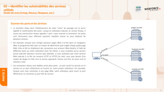 98
Copyright - Tout droit réservé - OFPPT
PARTIE
2
Scanner les ports et les services
• La première étape dans l'établissement de cette "carte" du paysage est ce qu'on
appelle la numérisation des ports. Lorsqu'un ordinateur exécute un service réseau, il
ouvre une construction réseau appelée « port » pour recevoir la connexion. Les ports
sont nécessaires pour effectuer plusieurs requêtes réseau ou pour disposer de
plusieurs services.
• Par exemple, lorsque vous chargez plusieurs pages Web à la fois dans un navigateur
Web, le programme doit avoir un moyen de déterminer quel onglet charge quelle page
Web. Cela se fait en établissant des connexions aux serveurs Web distants à l'aide de
différents ports sur votre ordinateur local. De même, si vous souhaitez qu'un serveur
puisse exécuter plusieurs services (par exemple, si vous souhaitez que votre serveur
Web exécute à la fois les versions HTTP et HTTPS du site), vous avez besoin d'un
moyen de diriger le trafic vers le service approprié. Encore une fois, les ports sont la
solution à cela.
• Les connexions réseau sont établies entre deux ports - un port ouvert en écoute sur le
serveur et un port sélectionné au hasard sur votre propre ordinateur. Par exemple,
lorsque vous vous connectez à une page Web, votre ordinateur peut ouvrir le port
49534 pour se connecter au port 443 du serveur.
02 – Identifier les vulnérabilités des services
utilisés
Outils de scan (nmap, Nessus, Nexpose, etc.)
 