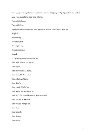 Nash yang maknanya tersembunyi karena suatu sebab yang terdapat pada kata itu sendiri.
Ayat yang menghapus dan yang dihapus.
Yang didahulukan.
Yang diahirkan.
Persoalan makna Al-Qur’an yang berpautan dengan kata-kata AL-Qur’an
Berpisah.
Bersambung.
Uraian singkat.
Uraian panjang.
Uraian seimbang.
Pendek.
C. Cabang-Cabang ulumul Qur’an
Ilmu adab tilawat Al-Qur’an.
Ilmu tajwid.
Ilmu mawathim An-nuzul.
Ilmu tawarikh An-Nuzul.
Ilmu asbab An-Nuzul.
Ilmu Qira’at.
Ilmu gharib Al-Qur’an.
Ilmu wujuh wa An-Nazha’ir.
Ilmu Ma’rifat Al-muhkam dan Al-Mutasyabih.
Ilmu Nasikh Al-Mansuk.
Ilmu badai’u Al-Qur’an.
Ilmu I’jaz.
Ilmu tanasub.
Ilmu Aqsam.
Ilmu amtsal.

3

 