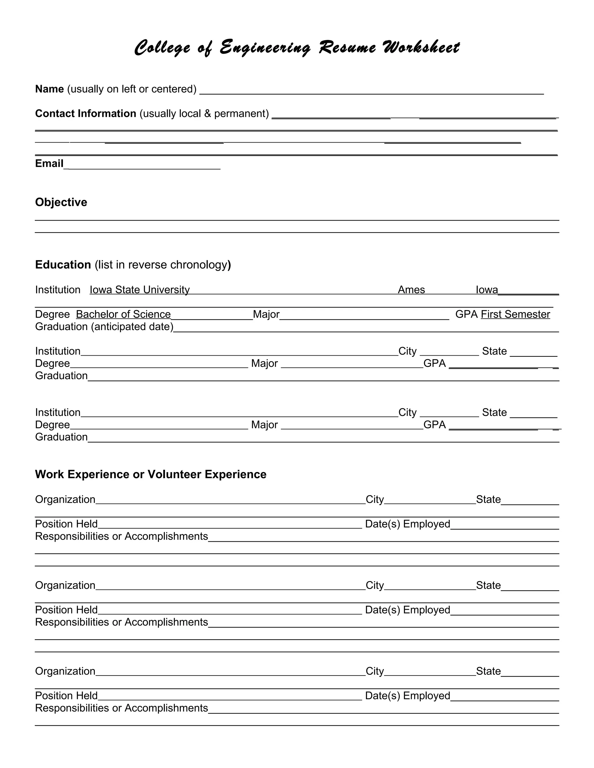 Resume worksheet | PDF