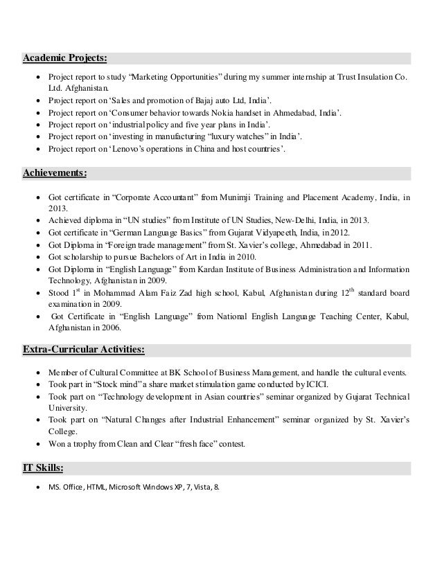 academic projects in resume for freshers