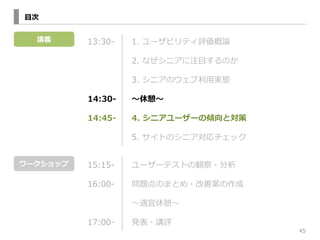 45 
?Ŀ 
vx 
`å 
13:30-\??1. `ӥƥuՓՓ 
2. ʤ˥ע?ĿΤ 
3. ˥Υ?ÌgB 
14:30-\???? 
14:45-\??4. ˥``΃AȌ 
5. ȤΥ˥å 
15:15-\??``ƥȤQ? 
16:00-\??}ΤޤȤ?ư 
?m? 
17:00-\??k?vu 
 
