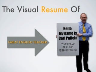 The Visual Resume Of

                           Hello,
                         My name is
                         Carl Pullein
 GREAT ENGLISH TEACHER            ?
 